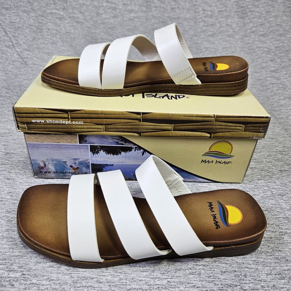 Maui Island Kona Sandals Womens 7 White Strappy Wedge Vacation Beach Square Toe